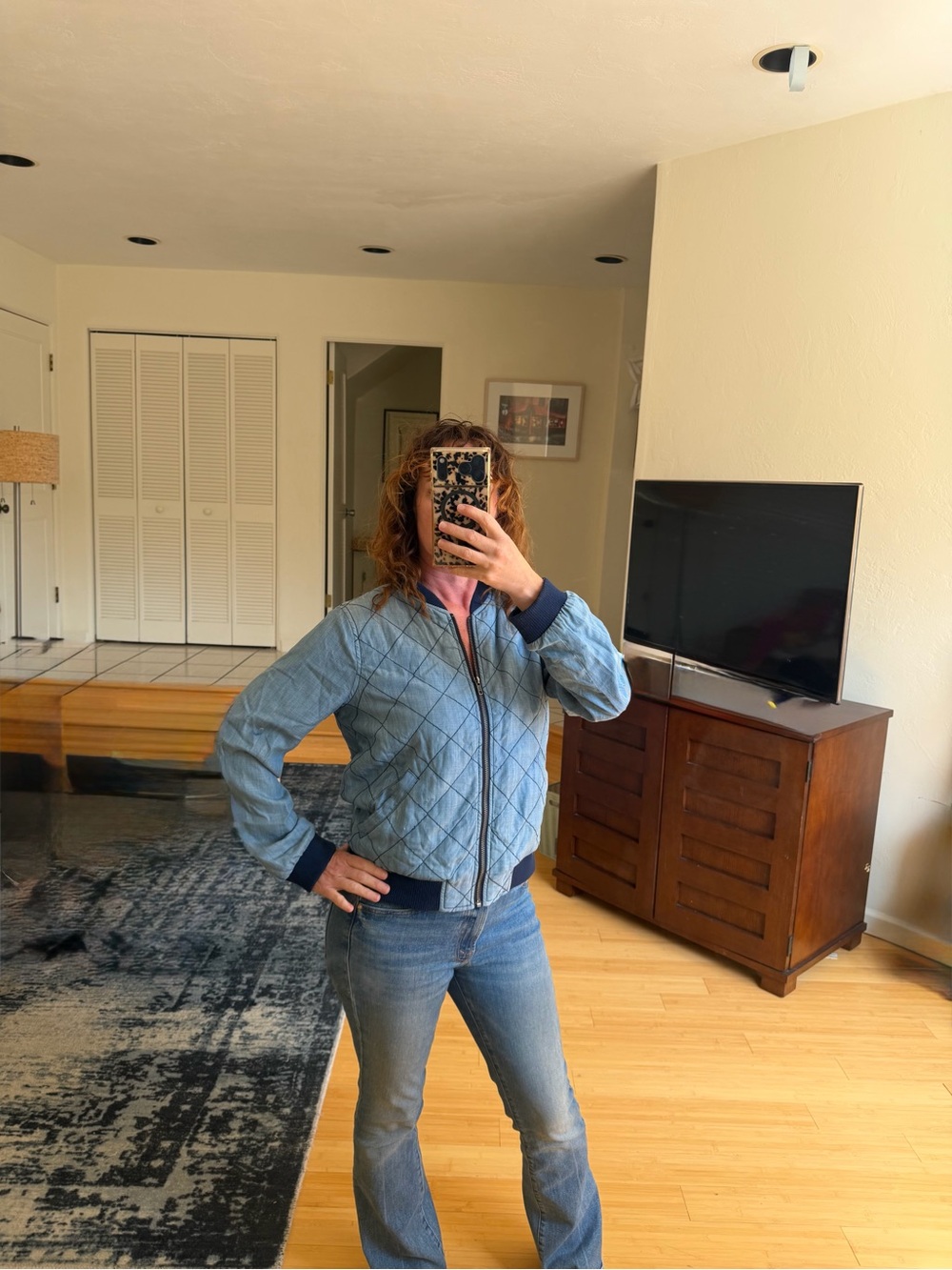 Skies Are Blue Light Blue Quilted Bomber Jacket with Navy Trim
